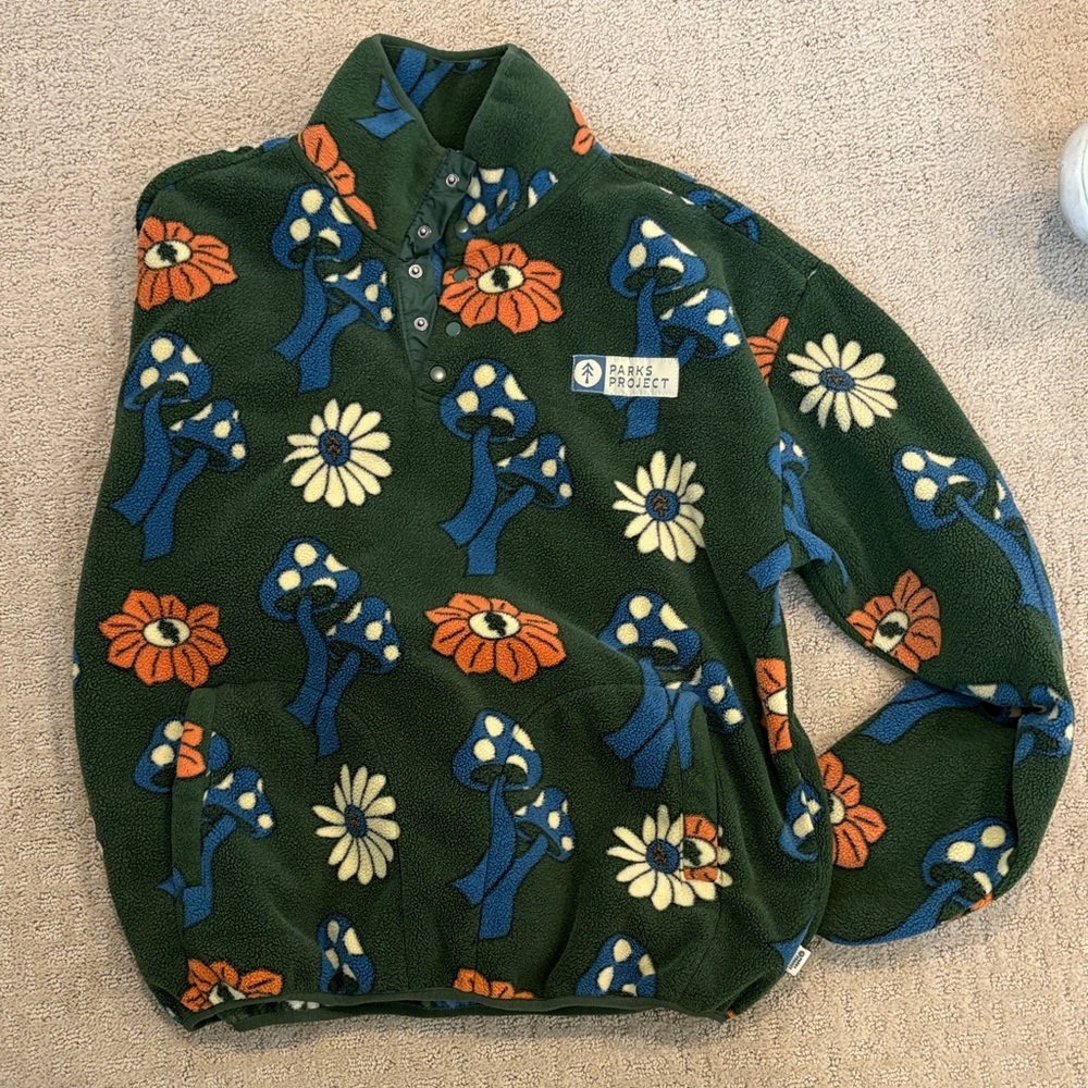 Parks Project Green Fleece Pullover with Floral & Mushroom Print